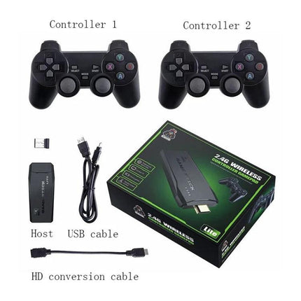M8 Wireless Arcade Game Console for TV with Two Gamepads showing two wireless controllers, USB dongle, HD cable and packaging