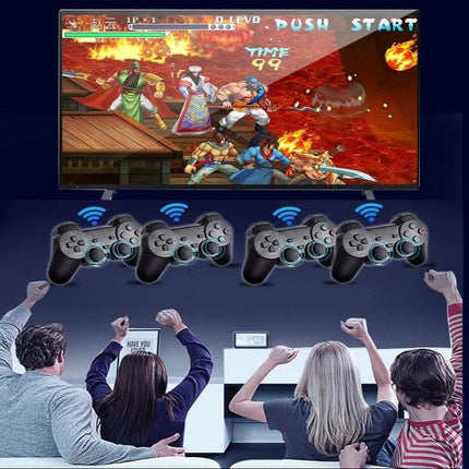 M8 Wireless Arcade Game Console for TV with Two Gamepads showing TV gameplay, four wireless controllers and family cheering during game night