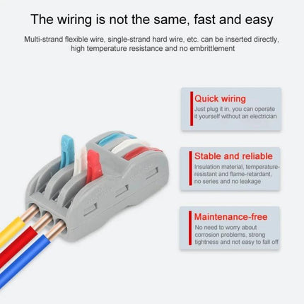Colorful Quick Line Wire Terminal for Versatile Connections - three-port PA nylon connector with stainless steel contacts showing red blue yellow wires