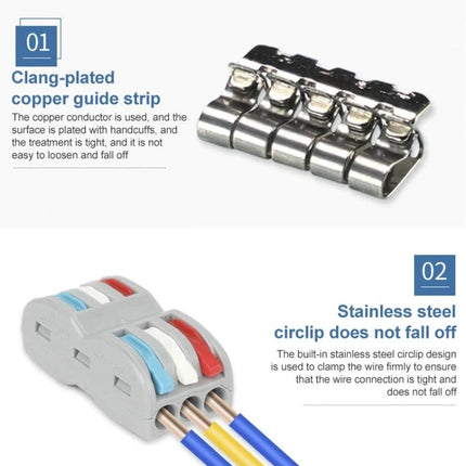 Colorful Quick Line Wire Terminal for Versatile Connections showing PA nylon housing, stainless steel circlip, and multi-strand wire insertion