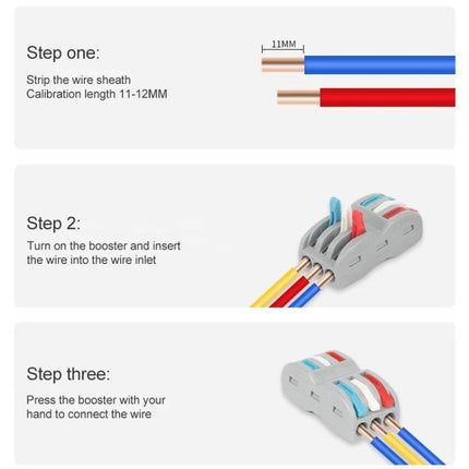 Colorful Quick Line Wire Terminal for Versatile Connections showing 3-step wiring: strip 11-12mm, insert wires, press levers to secure multi and single strand wires