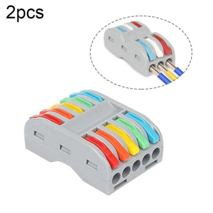 Colorful Quick Line Wire Terminal for Versatile Connections showing 5-port gray connector with rainbow levers and inserted wires