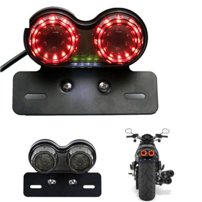 Motorcycle LED Integrated Tail Light With Brake And License Plate compact dual round taillight with license plate bracket and integrated turn signals