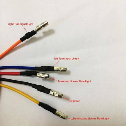 Motorcycle LED Integrated Tail Light With Brake And License Plate wiring harness labeled for right/left turn, brake, running, negative and license plate light