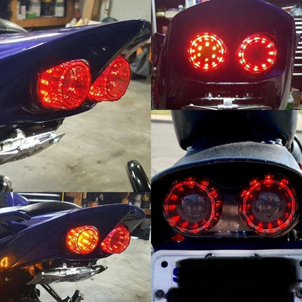 Motorcycle LED Integrated Tail Light With Brake And License Plate showing dual red LED tail and brake lights with license plate illumination on a motorcycle