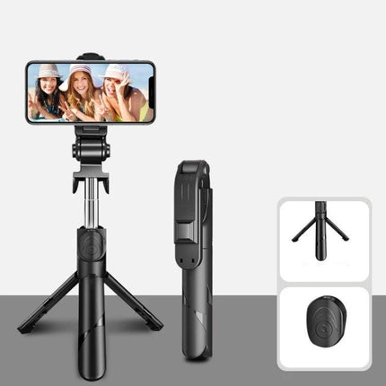 Compact Selfie Stick for Daily Travel and Event Photos in tripod mode with phone mounted, folded compact for pocket and remote shutter visible