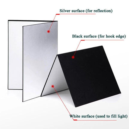 A3 Reflective Light Diffuser Board for Photography Lighting showing silver reflective, white fill and black hook-edge surfaces