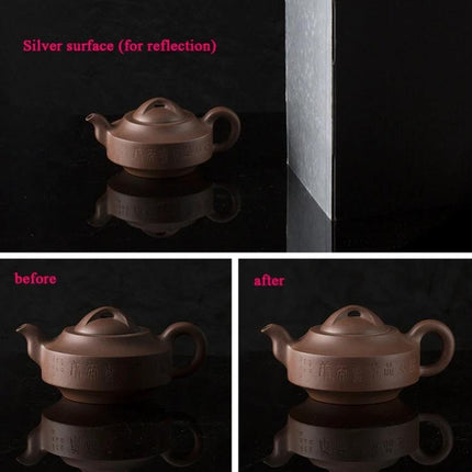A3 Reflective Light Diffuser Board for Photography Lighting softens shadows and evens light on a teapot for portrait and product shoots