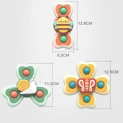Baby Sucker Rotary Toys 4-In-1 Bath Time Toy Set For Babies - three colorful suction rotary bath toys (bee, snail, butterfly) with size markings