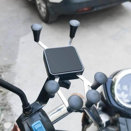 Six Claw Phone Holder For Bike Motorcycle EV Handlebar Or Mirror Mount securely mounted on motorcycle handlebar showing six-claw grip and aluminum alloy arms