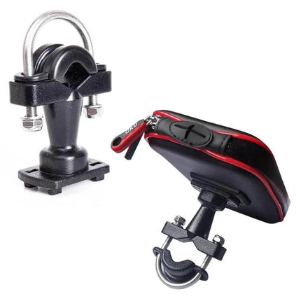 OKD Waterproof Touchscreen Phone Bag Bracket for Motorcycle S XL mounted on handlebar showing aluminum alloy clamp, waterproof pouch with clear touchscreen cover