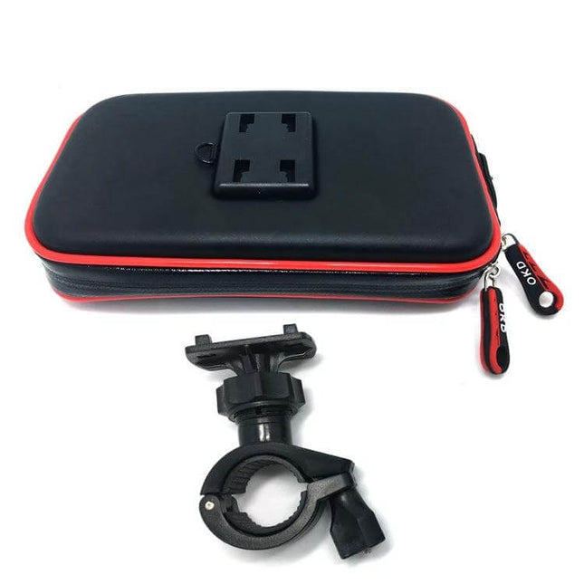 OKD Waterproof Bicycle Phone Mount Bag For On The Go Rides M L XL - black hard-shell handlebar case with red trim and adjustable bike mount
