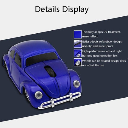 Wireless Car-Shaped Mouse for Everyday Computer Navigation in Multiple Colors showing blue car design, scroll wheel on roof, left/right buttons and wheels
