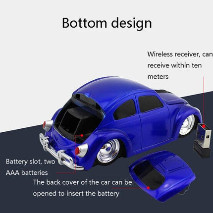 Wireless Car-Shaped Mouse for Everyday Computer Navigation in Multiple Colors - blue car-design wireless mouse with removable back cover and USB receiver