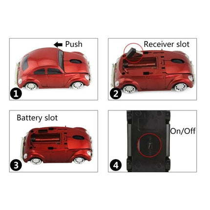 Wireless Car-Shaped Mouse for Everyday Computer Navigation in Multiple Colors - red toy car mouse showing push, receiver slot, battery slot, and on/off