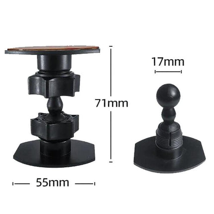 Compact Universal Mount for Phones and Cameras — compact 71mm tall black plastic mount with 55mm base and 17mm ball joint for phones and cameras