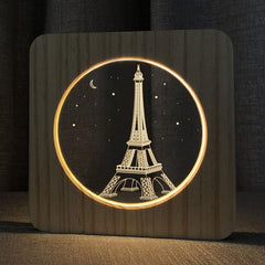 Eiffel Tower USB Wooden LED Night Light Table Lamp - Pine Design