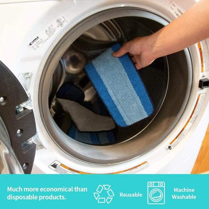 Fiber Mop Cleaning Pads for Bona Series Floor Use - blue reusable microfiber pad being placed in washing machine