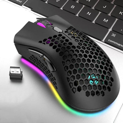 K-Snake Wireless Lightweight Gaming Mouse with RGB Lighting shown on a laptop with honeycomb shell, side buttons, USB dongle, and multicolor RGB glow