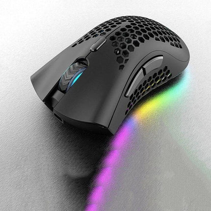 K-Snake Wireless Lightweight Gaming Mouse with RGB Lighting shown in black honeycomb shell with glowing RGB underglow and textured scroll wheel