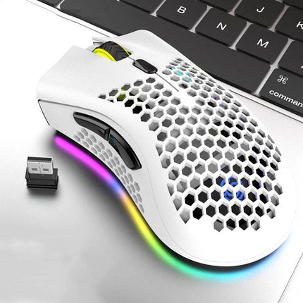 K-Snake Wireless Lightweight Gaming Mouse with RGB Lighting shown in white honeycomb shell with RGB glow and USB dongle