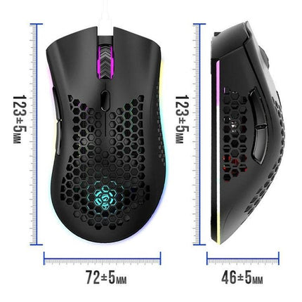K-Snake Wireless Lightweight Gaming Mouse with RGB Lighting, honeycomb shell, dimensions 123x72x46mm, 103g, wireless 10m range, RGB accents