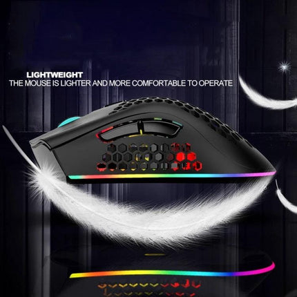 K-Snake Wireless Lightweight Gaming Mouse with RGB Lighting showing honeycomb shell, side buttons, and multicolor RGB glow on black background