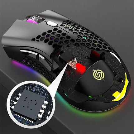 K-Snake Wireless Lightweight Gaming Mouse with RGB Lighting showing honeycomb shell, internal PCB and RGB underglow