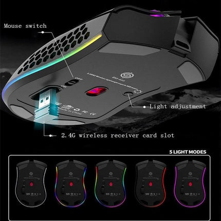 K-Snake Wireless Lightweight Gaming Mouse with RGB Lighting showing underside, 2.4G receiver slot, mouse switch and 5 RGB light modes