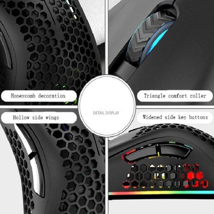 K-Snake Wireless Lightweight Gaming Mouse with RGB Lighting showing honeycomb shell, triangle comfort scroll, side buttons and RGB accents