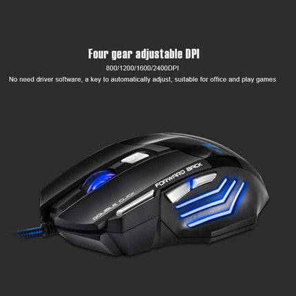 IMICE Ergonomic Wired Gaming Mouse with Breathing Light showing four-gear adjustable DPI (800/1200/1600/2400) and blue LED lighting