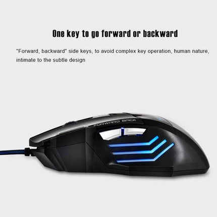 IMICE Ergonomic Wired Gaming Mouse with Breathing Light showing side forward/backward keys, ergonomic shape and blue breathing LED accents