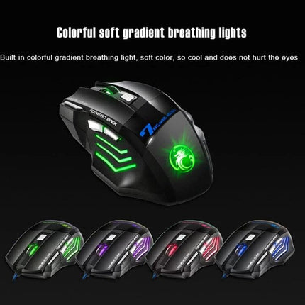 IMICE Ergonomic Wired Gaming Mouse with Breathing Light showing ergonomic black USB mouse with colorful gradient breathing LED lights and adjustable DPI
