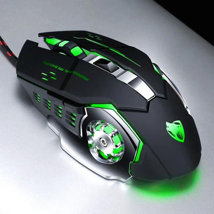 T-WOLF V6 Wired Gaming Mouse for Everyday Precision and Comfort - black ergonomic wired mouse with green LED accents and braided cable