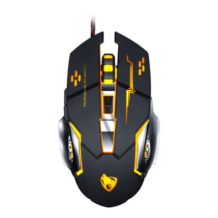 T-WOLF V6 Wired Gaming Mouse for Everyday Precision and Comfort - black ergonomic wired mouse with orange LED accents and braided cable