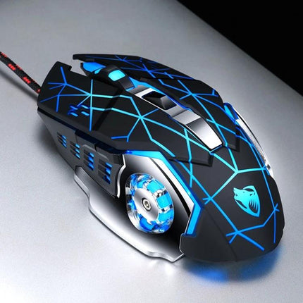 T-WOLF V6 Wired Gaming Mouse for Everyday Precision and Comfort in black with blue LED geometric pattern and ergonomic wired design