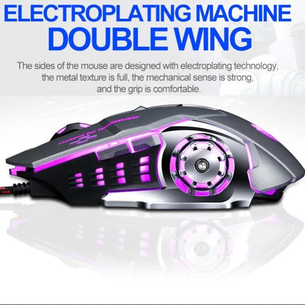 T-WOLF V6 Wired Gaming Mouse for Everyday Precision and Comfort - ergonomic wired gaming mouse with purple LED accents and electroplated double wing design