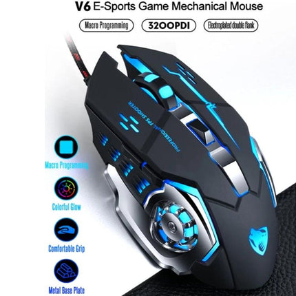 T-WOLF V6 Wired Gaming Mouse for Everyday Precision and Comfort ergonomic black gaming mouse with blue LED lighting and braided cable