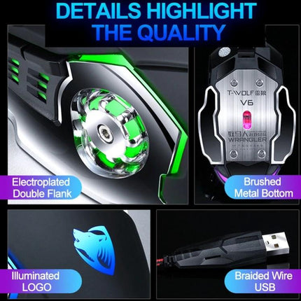 T-WOLF V6 Wired Gaming Mouse for Everyday Precision and Comfort showcasing brushed metal bottom, illuminated logo, braided USB and electroplated flank