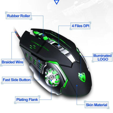 T-WOLF V6 Wired Gaming Mouse for Everyday Precision and Comfort ergonomic black green wired gaming mouse with braided cable, DPI switch, illuminated logo
