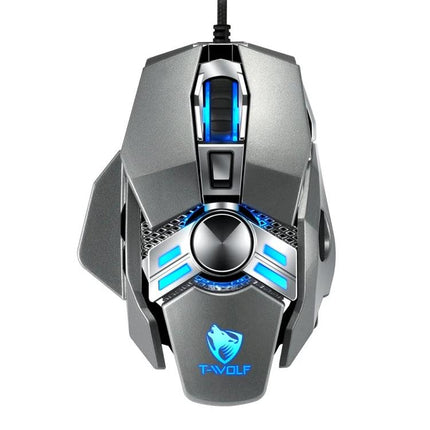 T-WOLF V10 Wired Gaming Mouse with Color Breathing Light showing metallic gray body, blue 4-color breathing LED accents and braided cable