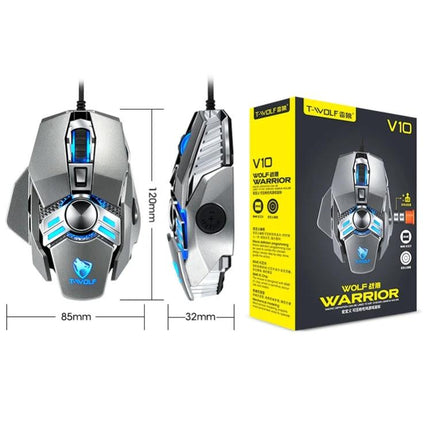 T-WOLF V10 Wired Gaming Mouse with Color Breathing Light silver ergonomic design, blue LEDs, measurements 120x85x32mm and retail box