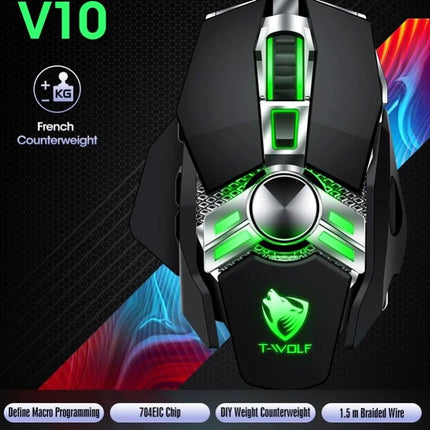 T-WOLF V10 Wired Gaming Mouse with Color Breathing Light showing black ergonomic design, green breathing LEDs, scroll wheel, programmable buttons, and braided cable