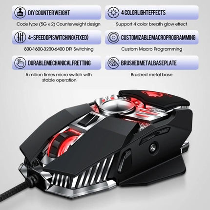 T-WOLF V10 Wired Gaming Mouse with Color Breathing Light showing 4-color breathing LEDs, adjustable DPI, macro programming and metal base