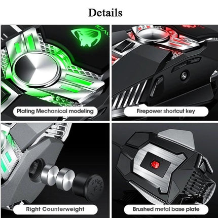 T-WOLF V10 Wired Gaming Mouse with Color Breathing Light showing 4-color lighting, plating mechanical model, firepower shortcut key, counterweight and brushed metal base