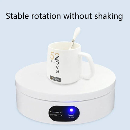 USB Rotating Turntable for Product Photography and Displays, 12cm showing white mug on 12cm rotating platform with smooth motor and stable rotation