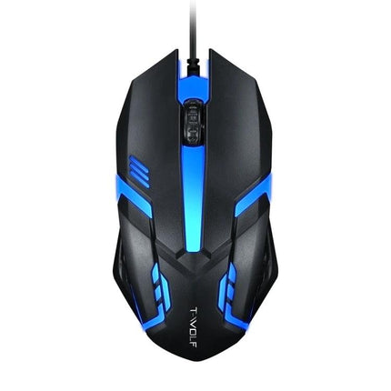 T-WOLF Wired Gaming Mouse with 7-Color Breathing Backlight - black ergonomic optical mouse with blue LED accents for precise gaming