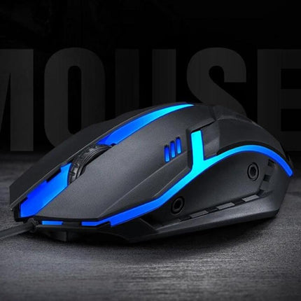 T-WOLF Wired Gaming Mouse with 7-Color Breathing Backlight showing blue LED lighting, ergonomic wired optical design for gaming and precise aiming