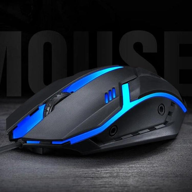 T-WOLF Wired Gaming Mouse with 7-Color Breathing Backlight showing blue LED lighting, ergonomic wired optical design for gaming and precise aiming
