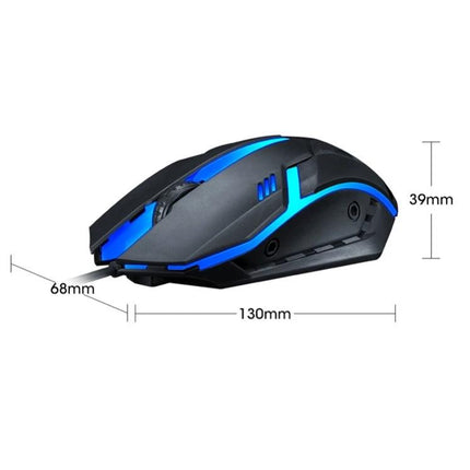T-WOLF Wired Gaming Mouse with 7-Color Breathing Backlight showing black ergonomic design, blue LED lighting and dimensions (130×68×39mm)